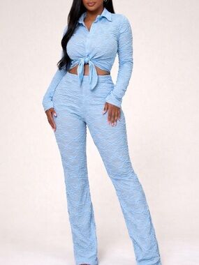 Tie-Front Light Blue Textured Pants set
